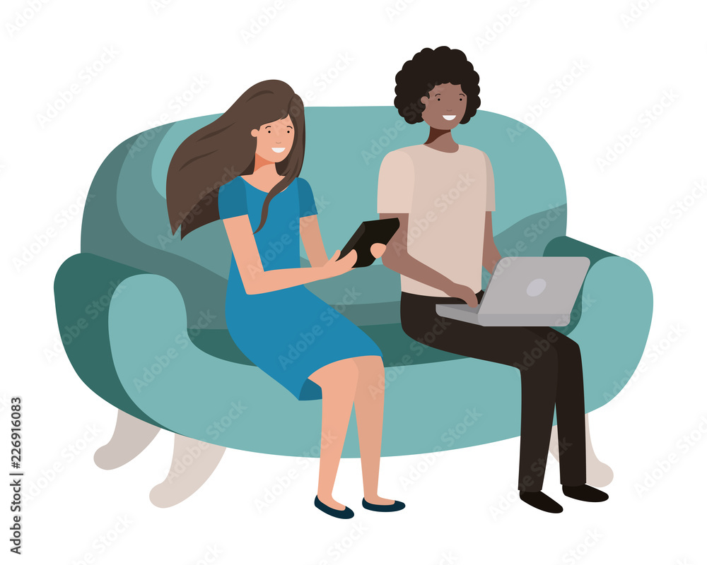 young couple using laptop in the sofa avatar character young couple using laptop in the sofa avatar character