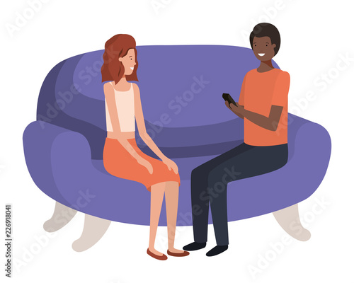 couple using smartphone in the sofa avatar character 