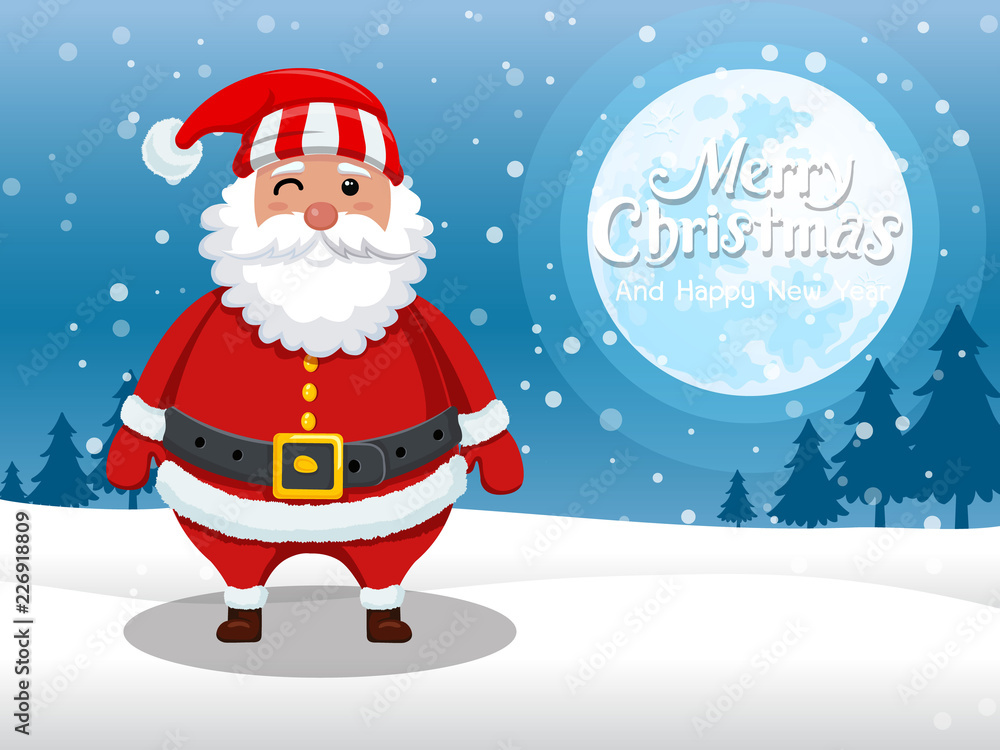 Merry Christmas and happy new year. Cartoon Santa Claus standing in the snow with on the moon background. Vector Illustration. Merry Christmas and happy new year. Cartoon Santa Claus standing in the snow with on the moon background. Vector Illustration.