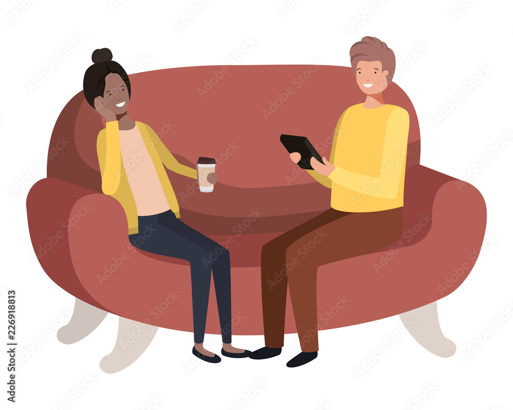 couple using smartphone in the sofa avatar character couple using smartphone in the sofa avatar character
