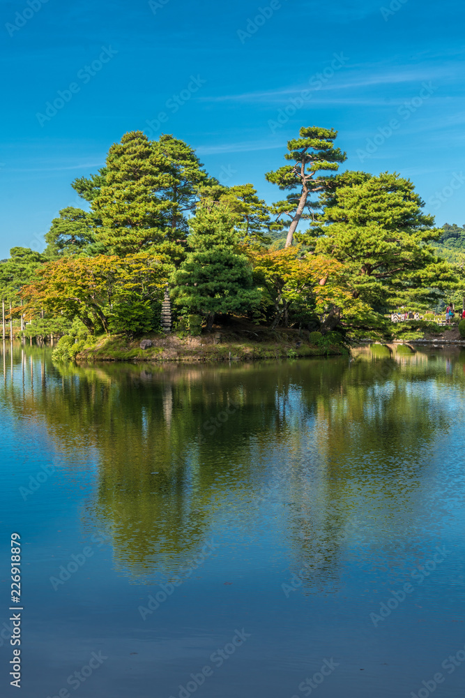 Kasumigaike pond. Horai island (Horai-shima) at Kenrokuen Garden
