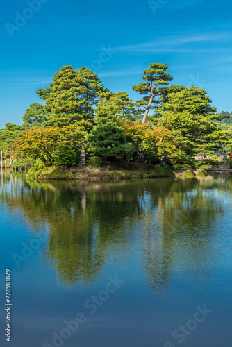 Kasumigaike pond. Horai island  Horai-shima  at Kenrokuen Garden