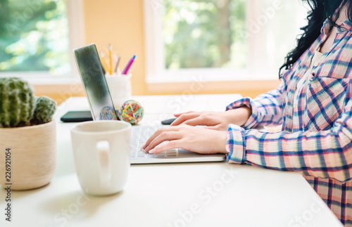 Young woman with a laptop computer at a desk in a room