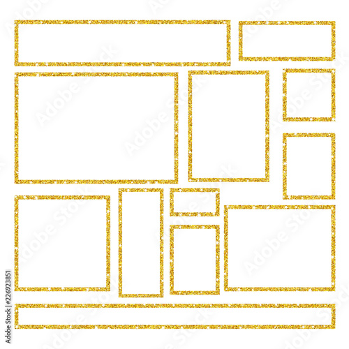 Set of gold glitter frames on white background. 