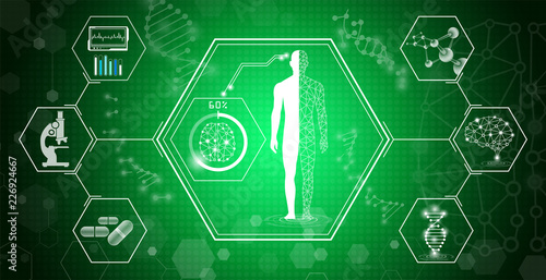 abstract background technology concept in green light,human body heal,technology modern medical science in future and global international medical with tests analysis clone DNA human