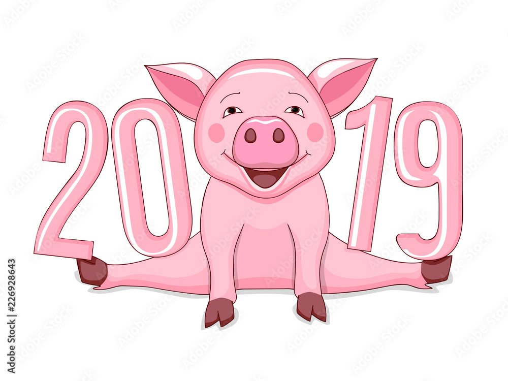 Fototapeta premium pink piggy with number 2019