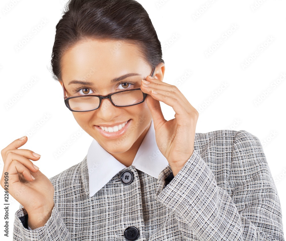 Friendly Young Businesswoman Holding Glasses - Isolated Friendly Young Businesswoman Holding Glasses - Isolated