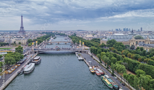 Aerial view of Paris with Eiffel tower and Seine river