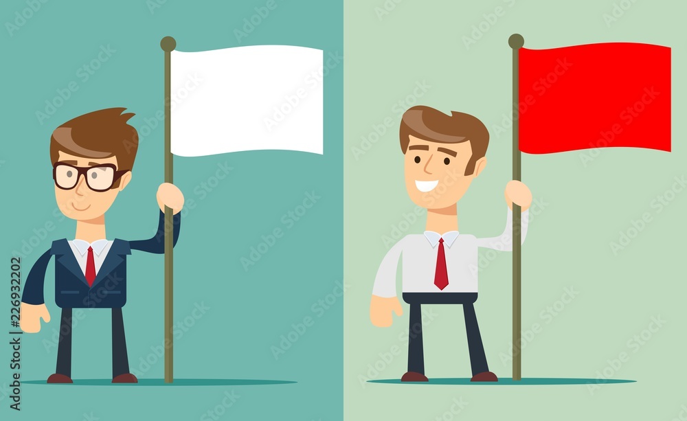 A portrait of a young man holding a red and white flag isolated on background. Vector illustration flat design