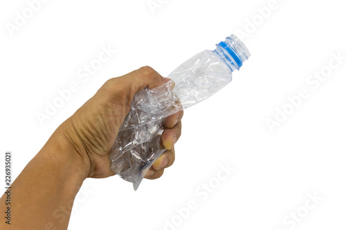 Men's hand holding a plastic water bottle not used concept of recycling the Empty used plastic bottle isolated white background