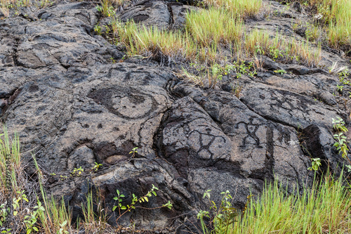 Petroglyphs in lava rock at Pu'uloa along Chain of Craters road, in volcano National Park on the island of Hawaii. Carvings are 400-700 years old.