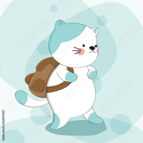Cartoon cute cat with backpack sketch animal character