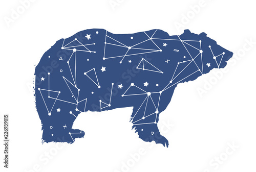 Hand drawn Black Bear vector illustration of the constellation Ursa Major on the bear silhouette