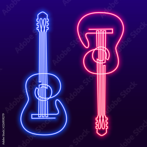 Neon pink blue light lamp continuous line drawing of acoustic guitar vector. Musical instrument single line for decoration, design, invitation jazz festival, music shop
