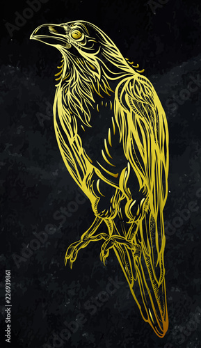Raven.Vector illustration isolated on black background. Detailed gold drawing of a bird