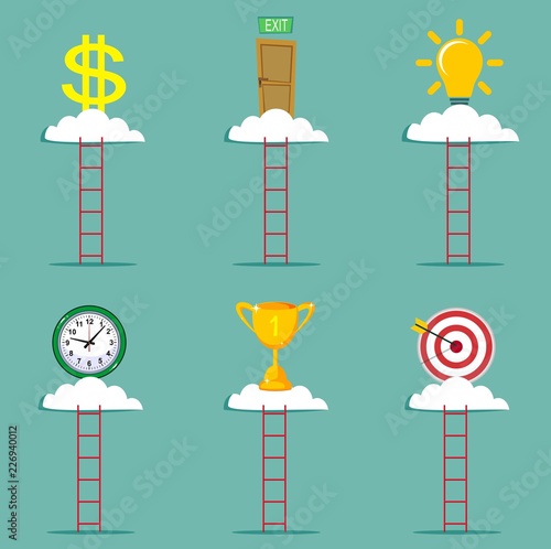 set of objects. Clock , dollar ,Trophy cup, award, Lightbulb , exit and Red aim. Stock flat vector illustration