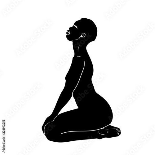 Beautiful woman silhouette sitting in lotus pose with flowers and ethnic art. Power of girls. Meditation, yoga, kundalini, tantra, ayurveda, aura and chakras. Vector illustration.