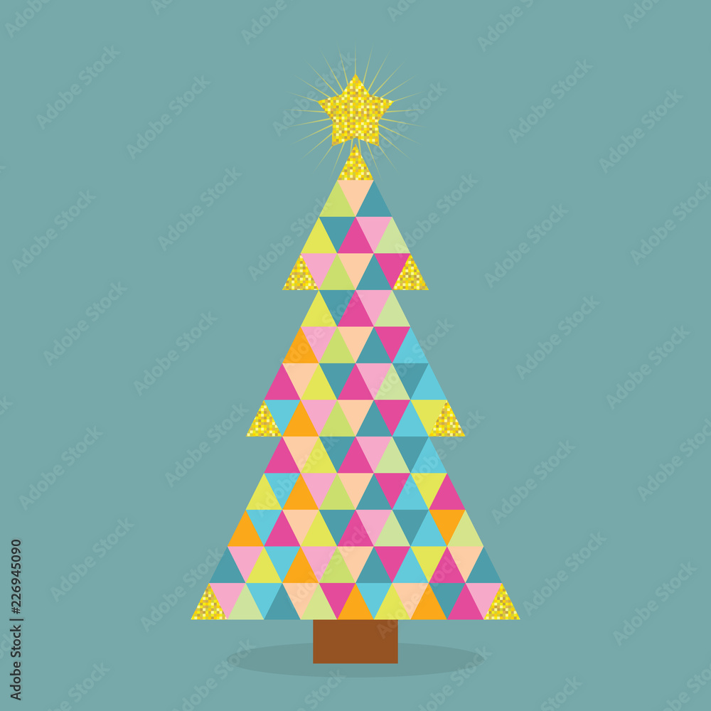 Abstract colorful pointy triangle tiles pattern Christmas pine tree with shining golden star top on teal blue background Abstract colorful pointy triangle tiles pattern Christmas pine tree with shining golden star top on teal blue background