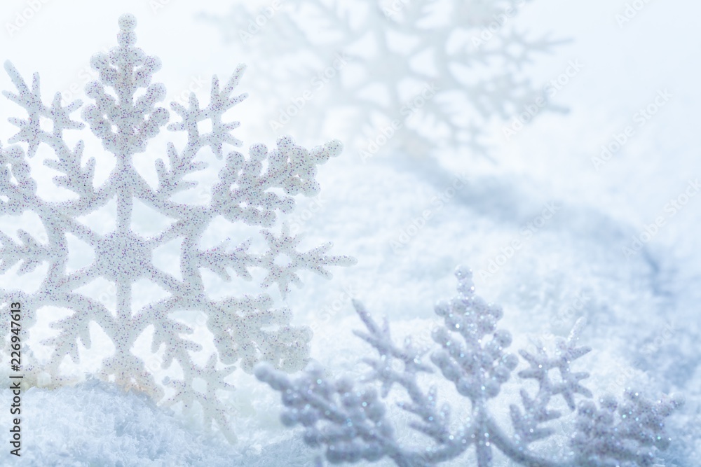 Artificial Snowflakes In Snow Close-up Stock Photo