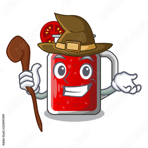 Witch tasty tomato juice on cartoon table