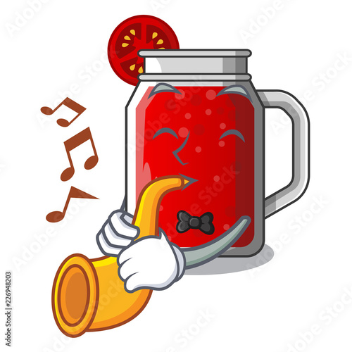 With trumpet tasty tomato juice on cartoon table