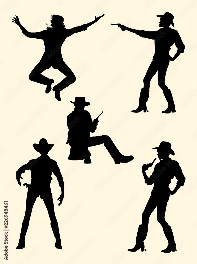 Obraz premium Cowgirl and cowboy silhouette. Good use for symbol, logo, web icon, mascot, sign, or any design you want.
