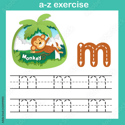 Alphabet Letter M-monkey exercise,paper cut concept vector illustration