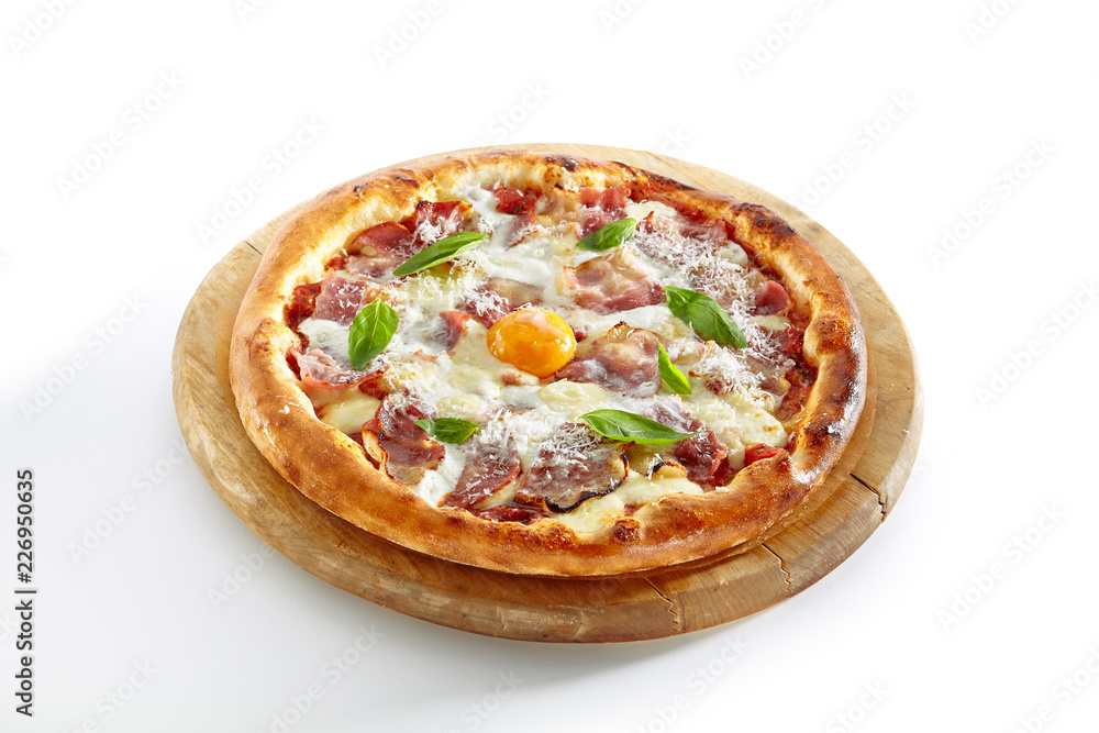Pizza Carbonara with Bacon Isolated on White Background