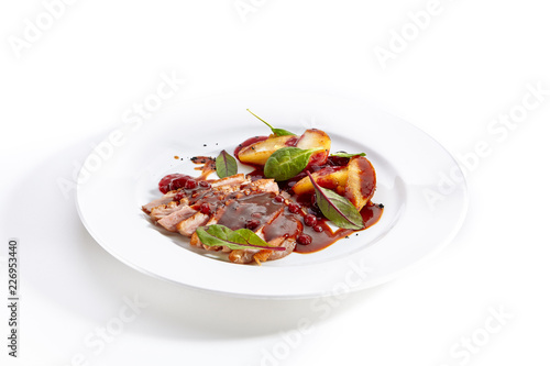 Duck Breast with Baked Apple and Peach Cream Isolated