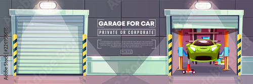 Car garage auto mechanic vehicle lift and roller shutters vector illustration. Modern corporate or private transport service station or parking entry and exit with automatic sectional overhead gate
