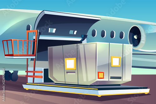 Airplane freight loading vector illustration of air cargo logistics. Aviation container or parcel box on dockleveler pallet loader to cargo hold compartment for international delivery and shipping
