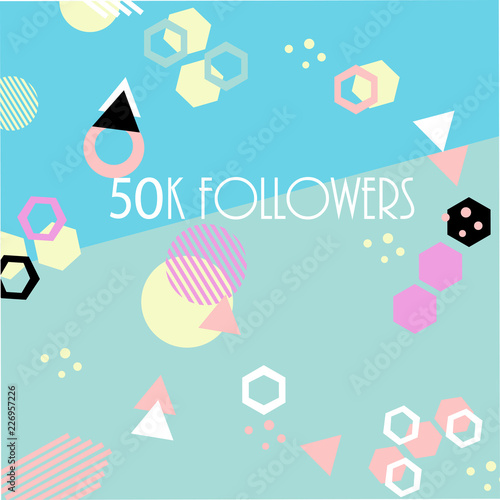 50k followers card banner template for celebrating many followers in online social media networks.Vector pattern of colored likes 50K subscribers