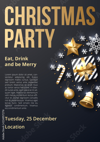 Christmas party poster template with shining gold and white ornaments. Made of snowflakes, gift, candy, bells, star, christmas ball. Vector illustration 