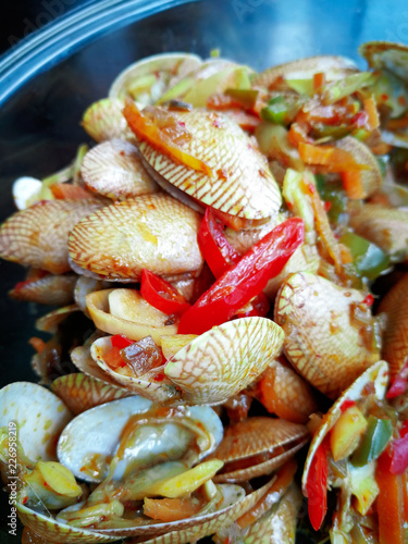 Malaysian dishes spicy Paphia textile, lala masak pedas. selective focus.