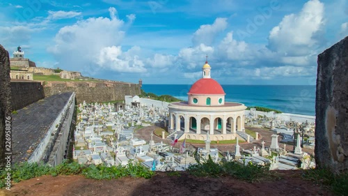 Old colonial cemetery time lapse hyperlapse with ocean in San Juan town, Puerto Rico
