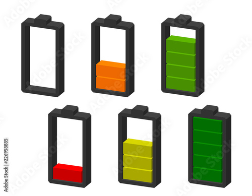 Battery icon. Charge level indicators. Dimetric projection.
