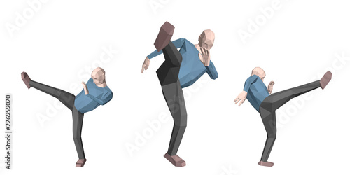 Low poly man makes high kick. Isolated on white background.