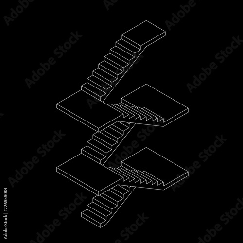 Staircase with platforms. Vector outline illustration. Isometric projection