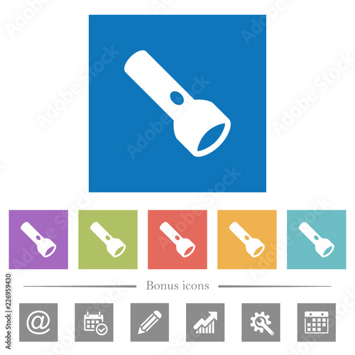 Flashlight flat white icons in square backgrounds