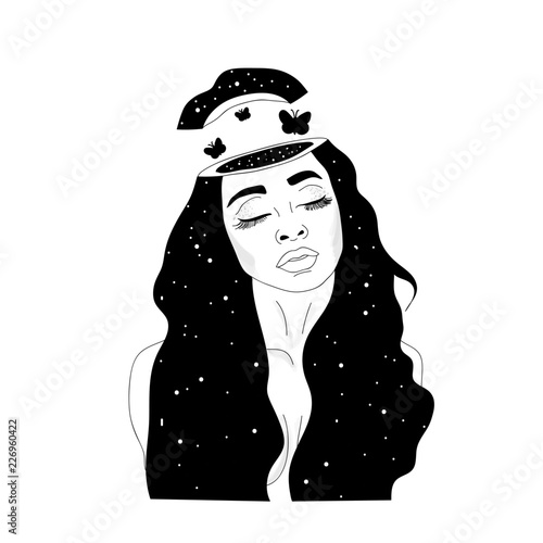 Vector hand drawn illustration of female head with door and stairway. Tattoo artwork. Drawing for card, poster, banner, print for t-shirt.