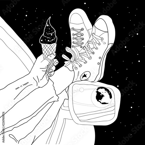 Vector hand drawn surreal illustration of undressing woman with space instead of body . Surreal tattoo artwork with planets . Template for card, poster, banner, print for t-shirt.