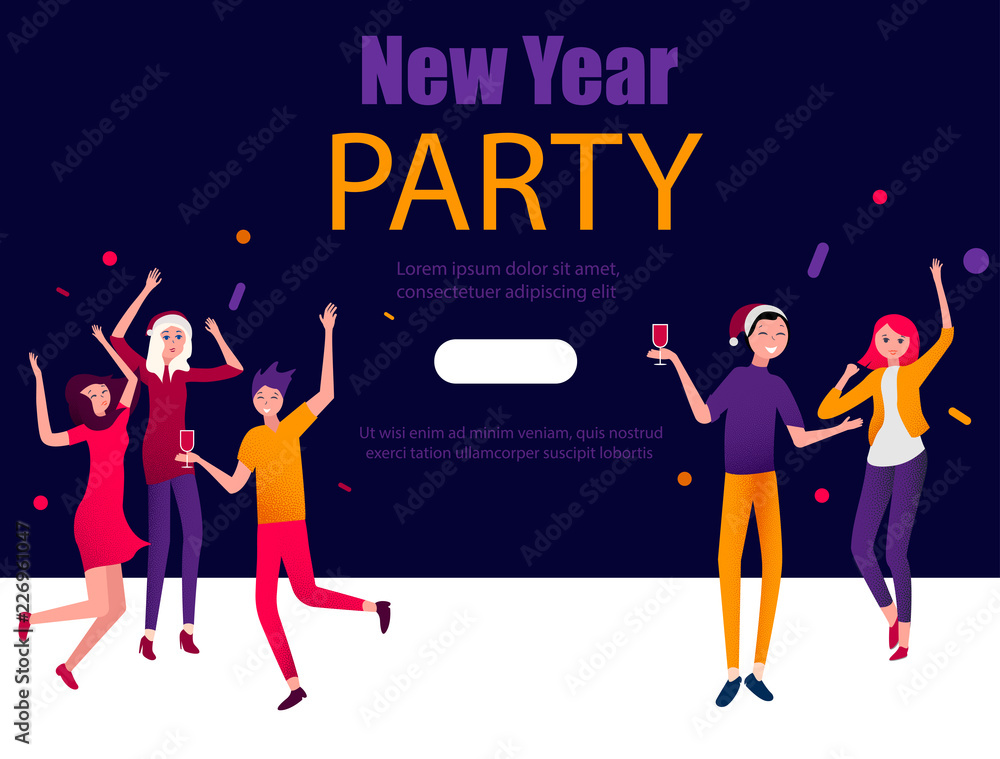 New Year party poster with happy people.