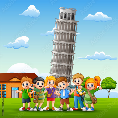 Cartoon happy kids in front of pisa tower background