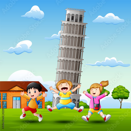 Cartoon happy kids in front of pisa tower background