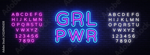 Girl Power neon sign vector. Grl Pwr Design template neon sign, light banner, neon signboard, nightly bright advertising, light inscription. Vector illustration. Editing text neon sign