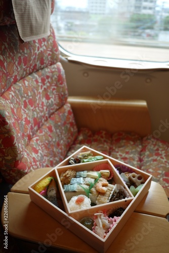 Japanese box lunch in car interior