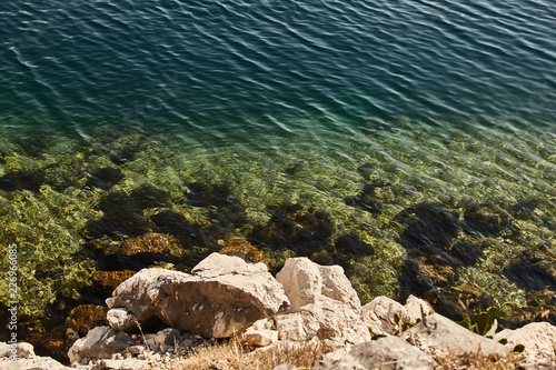 clear water in the Bay of Kotor. Adriatic sea in Montenegro. Turquoise water