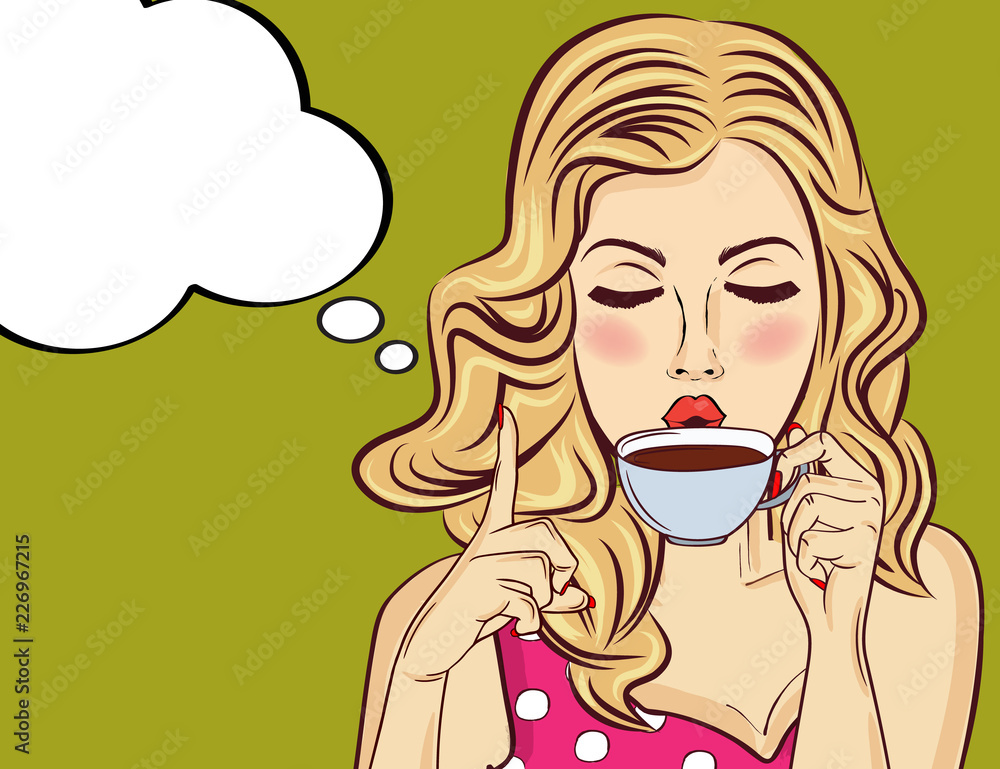 Sexy blonde pop art woman with coffee cup Sexy blonde pop art woman with coffee cup
