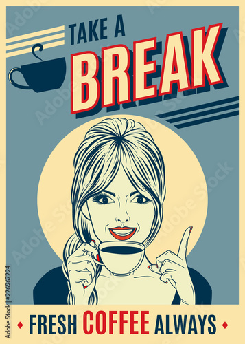 Εκτύπωση καμβά advertising coffee retro poster with pop art woman