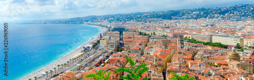 Scenic panoramic view from above on sea and Promenade des Anglais, Nice, France